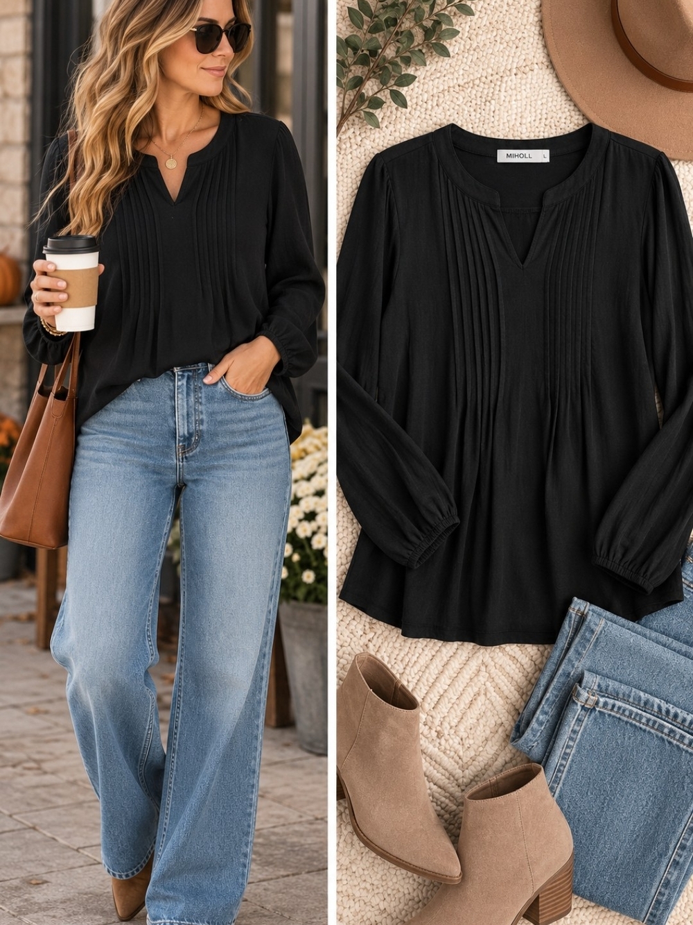 Women's Black Pintuck V-Neck Long Sleeve Top Blouse Pleated Minimalist Romantic